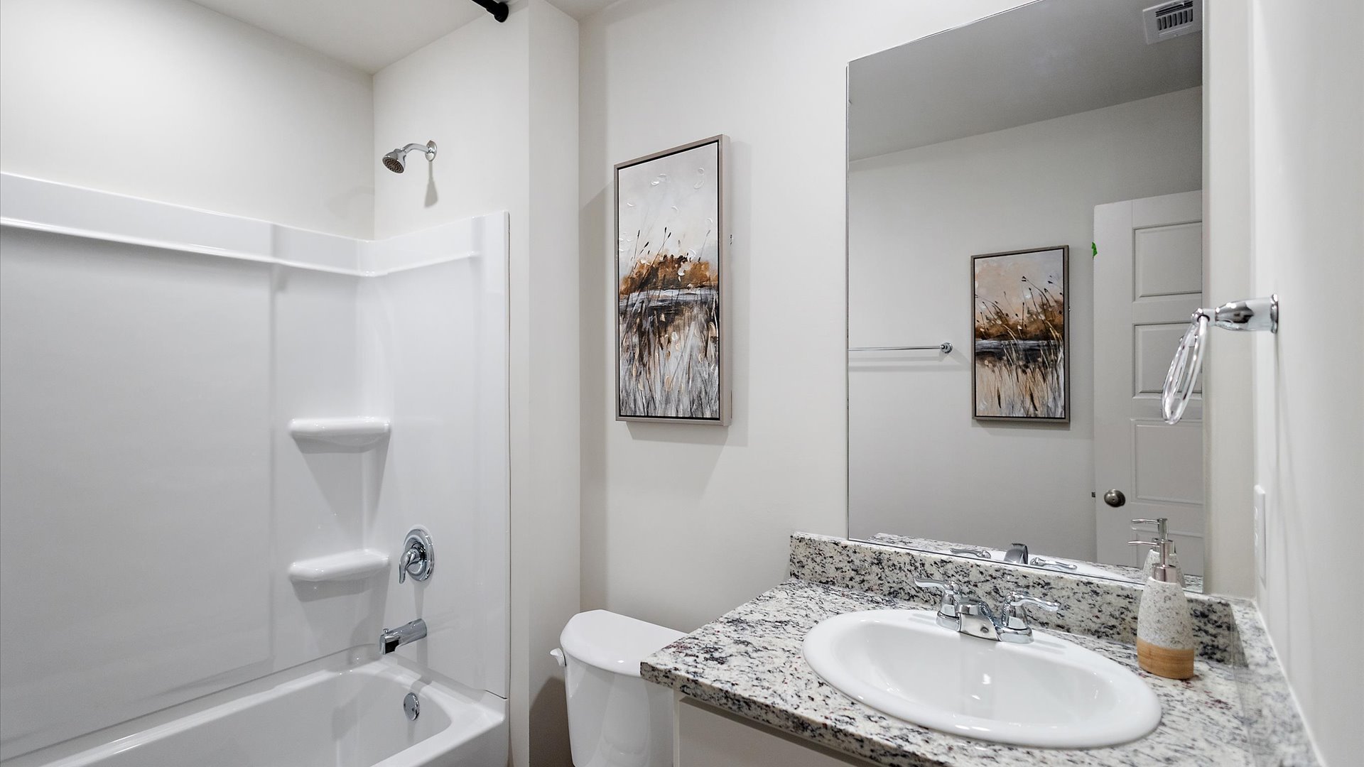 Hall bathroom with single vanity and shower/tub combo