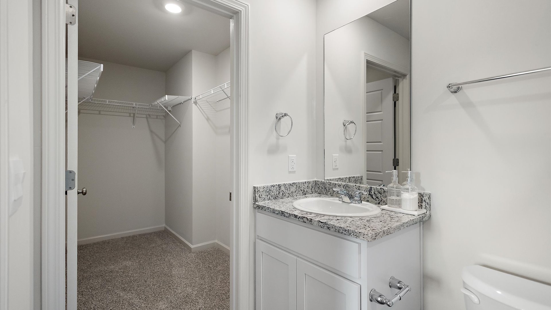 Walk in closet in primary bathroom with single vanity