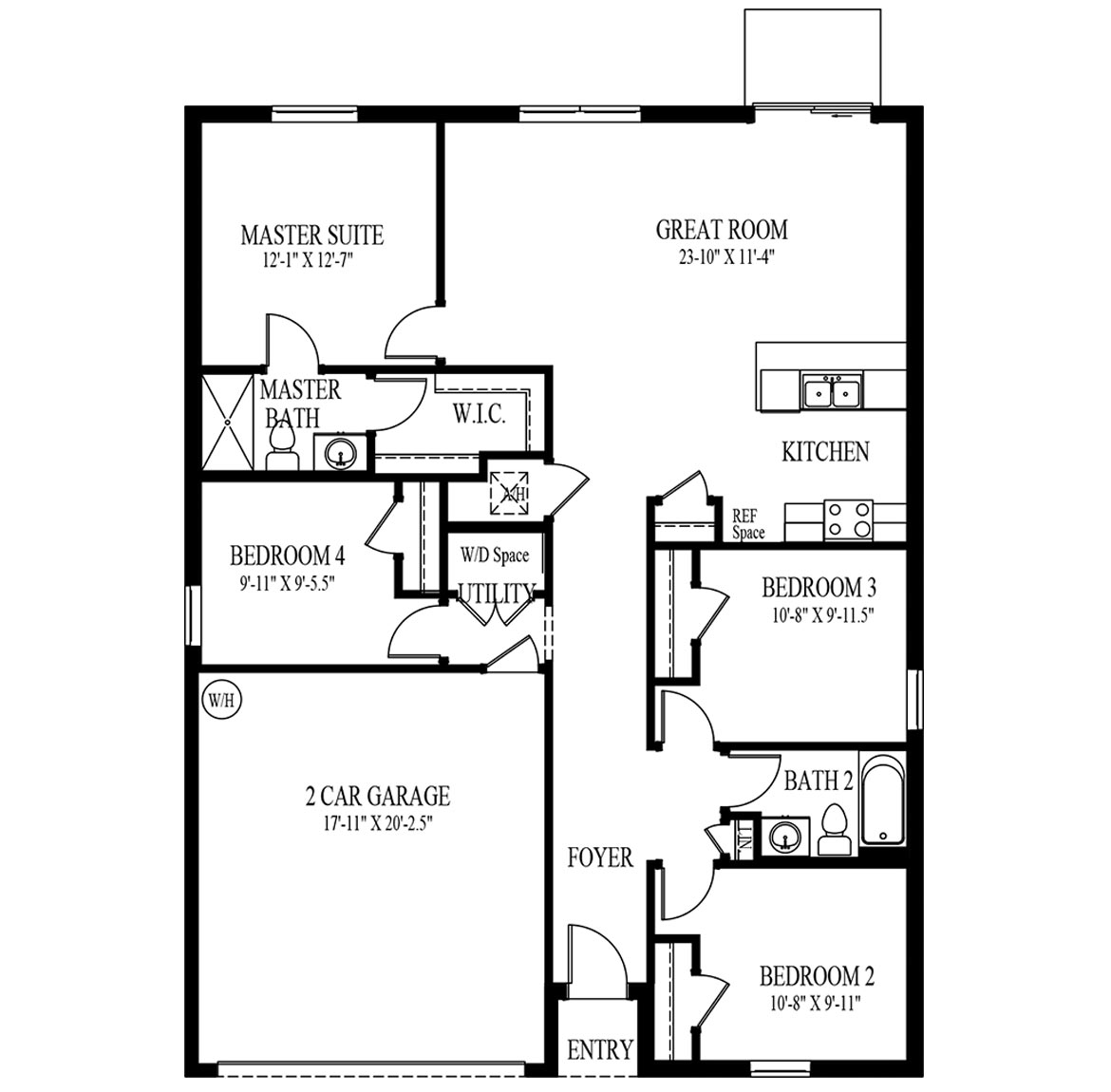 Rendering of our Freeport plan offering 4 bedrooms and 2 bathrooms spread across 1,497 square feet all on one level, and a two-car garage for your convenience.