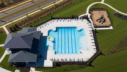 Community amenity aerial of pool and clubhouse