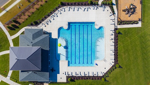 Community amenity aerial of pool and clubhouse