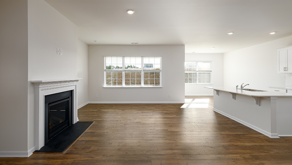 open family room with fireplace