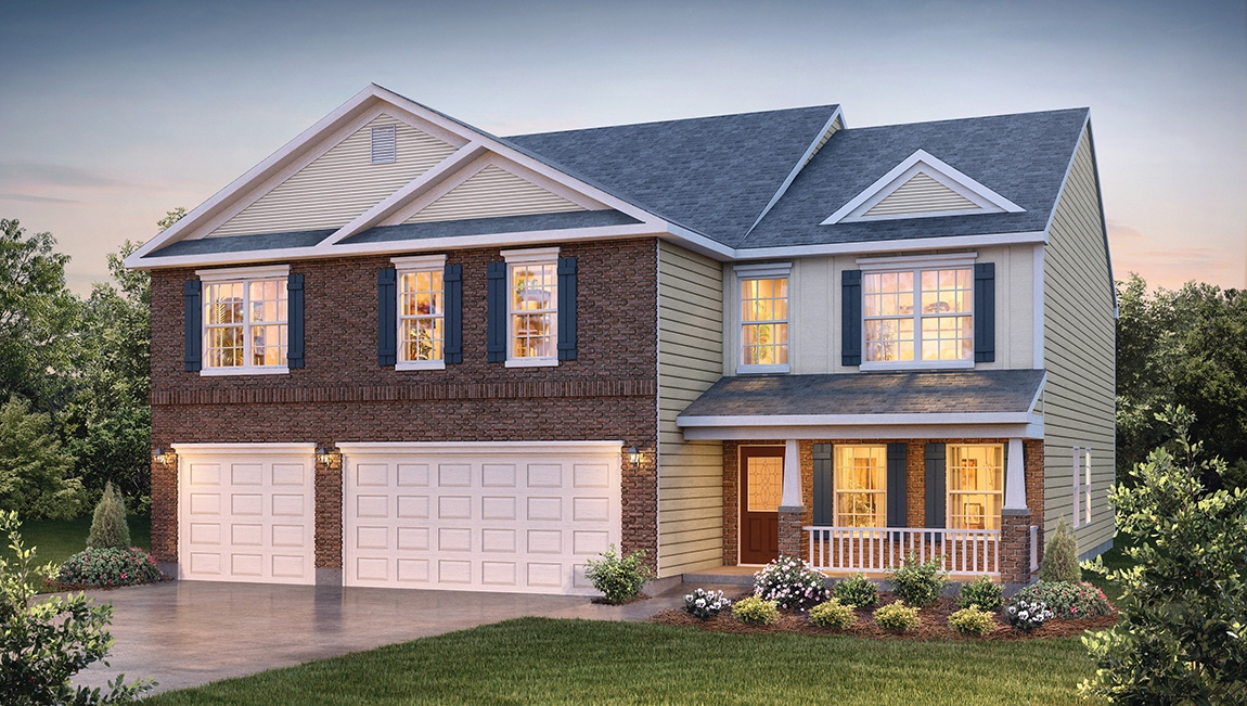 Hatteras front exterior with beige siding, stone and three car garage