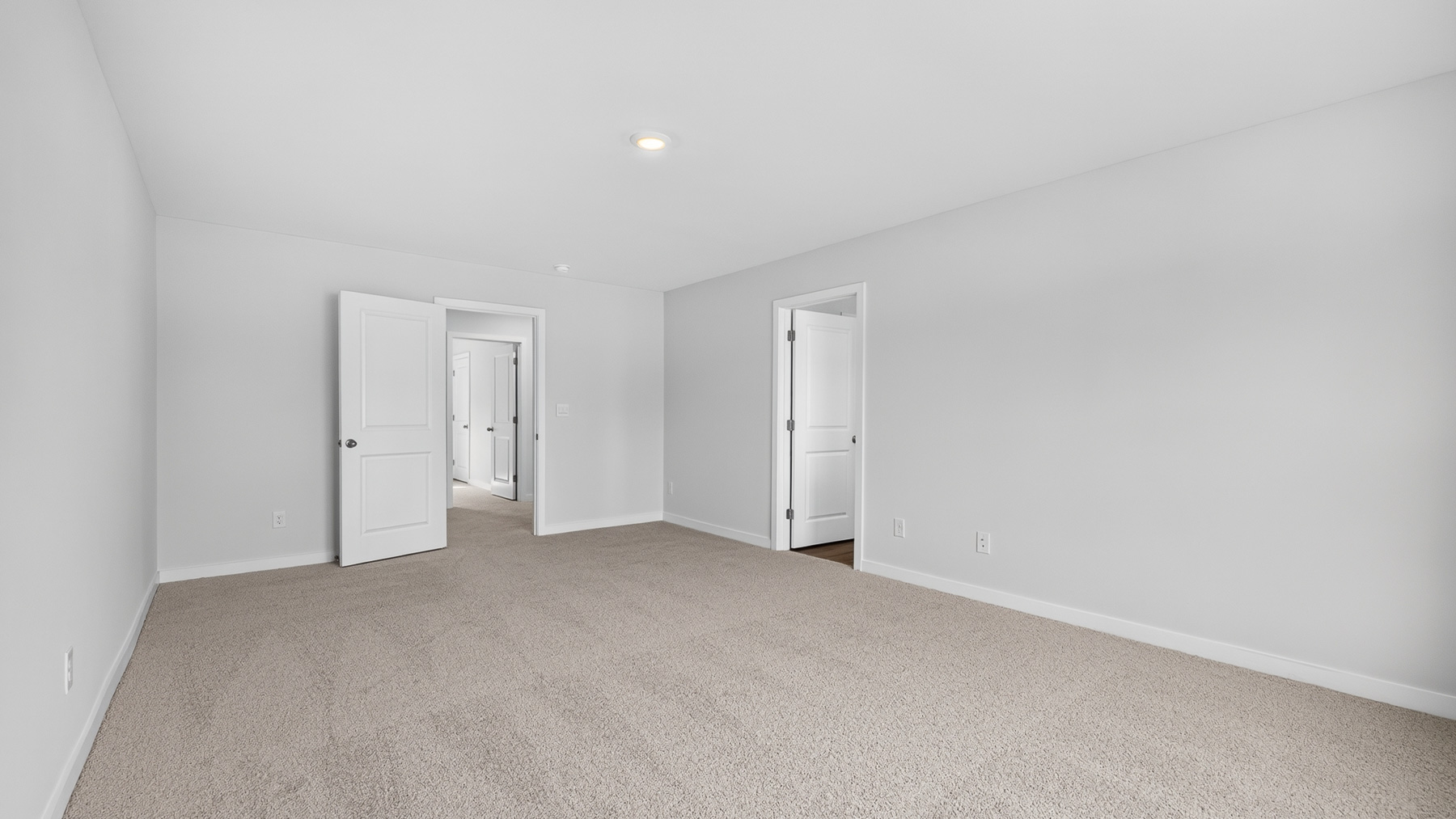 Primary carpeted bedroom with windows