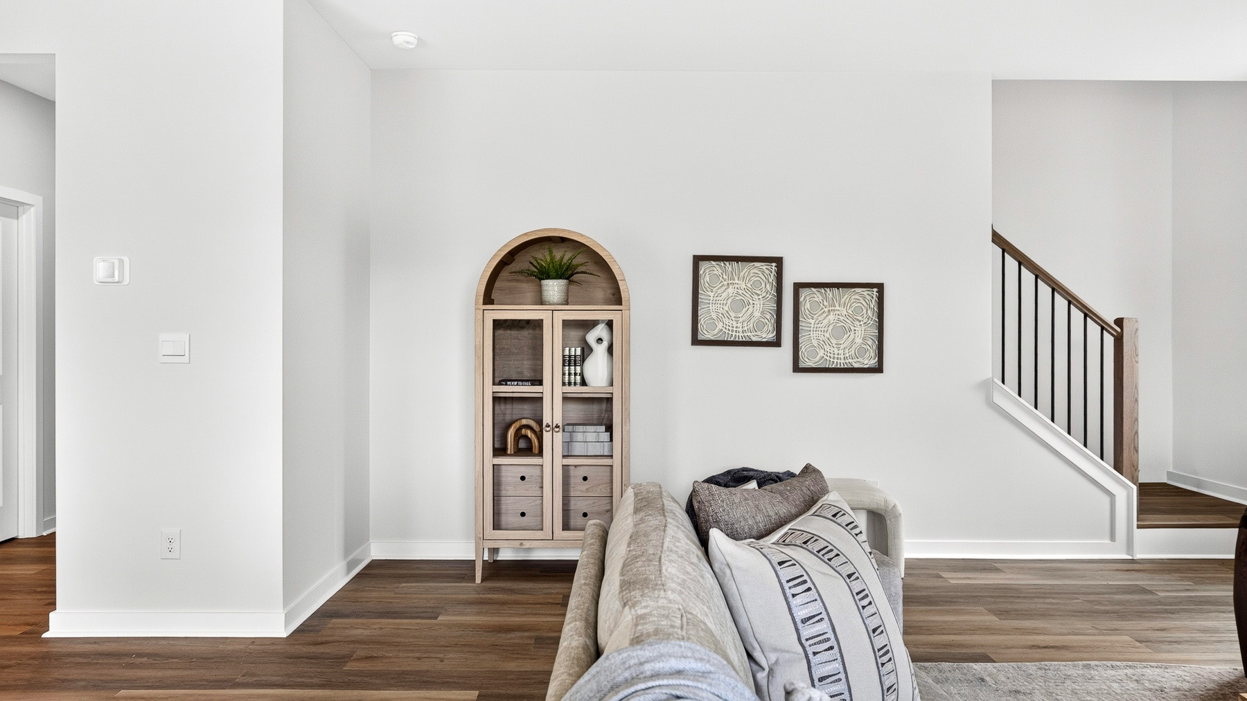 Living room area with fireplace and windows