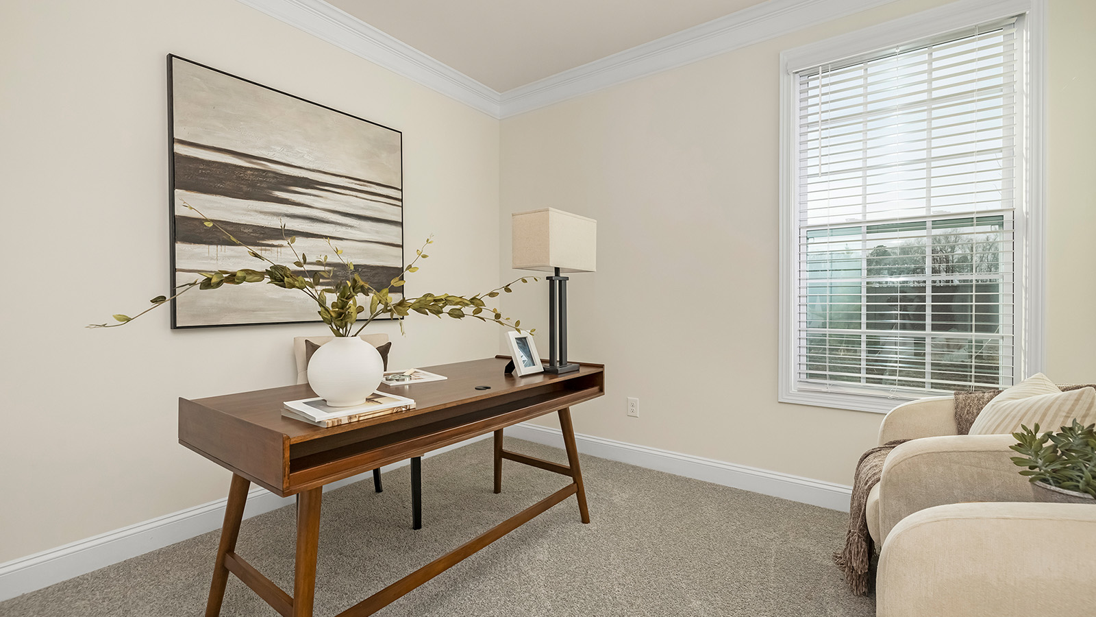 Carpeted bedroom with medium window