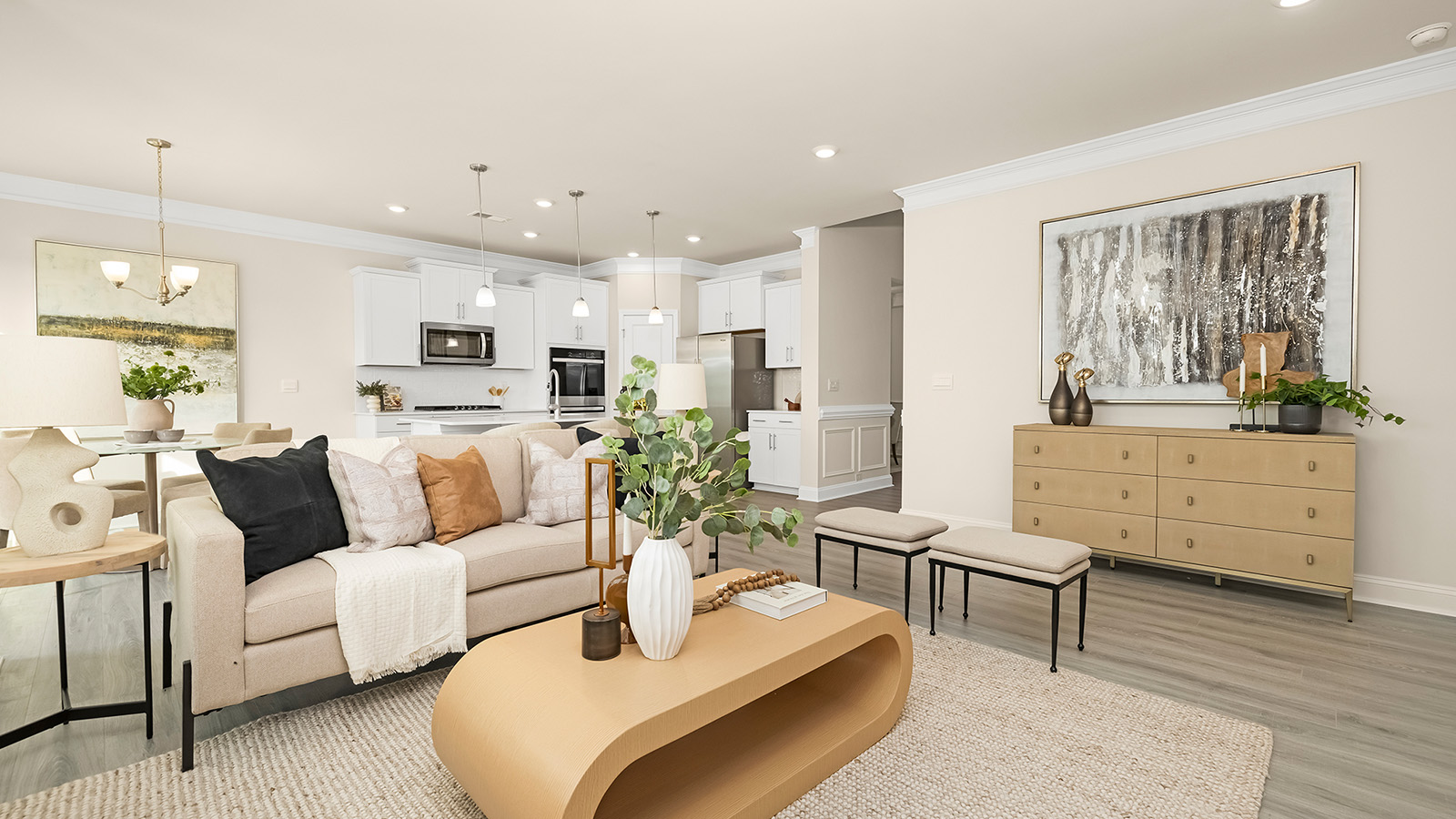 Family room with wood floors and fireplace