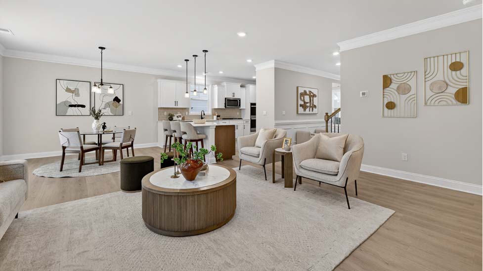 Family room with large window and fireplace