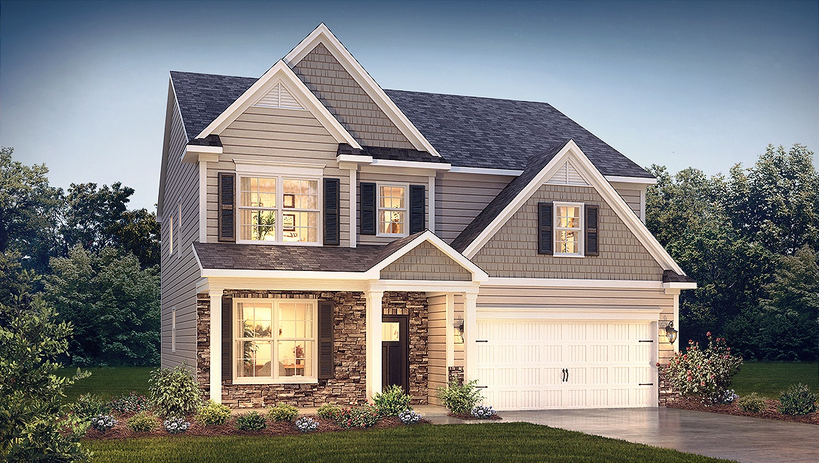 London front exterior with siding and stone and two car garage