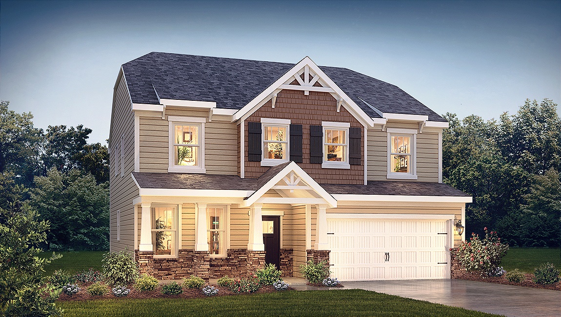 London front exterior with siding and stone and two car garage