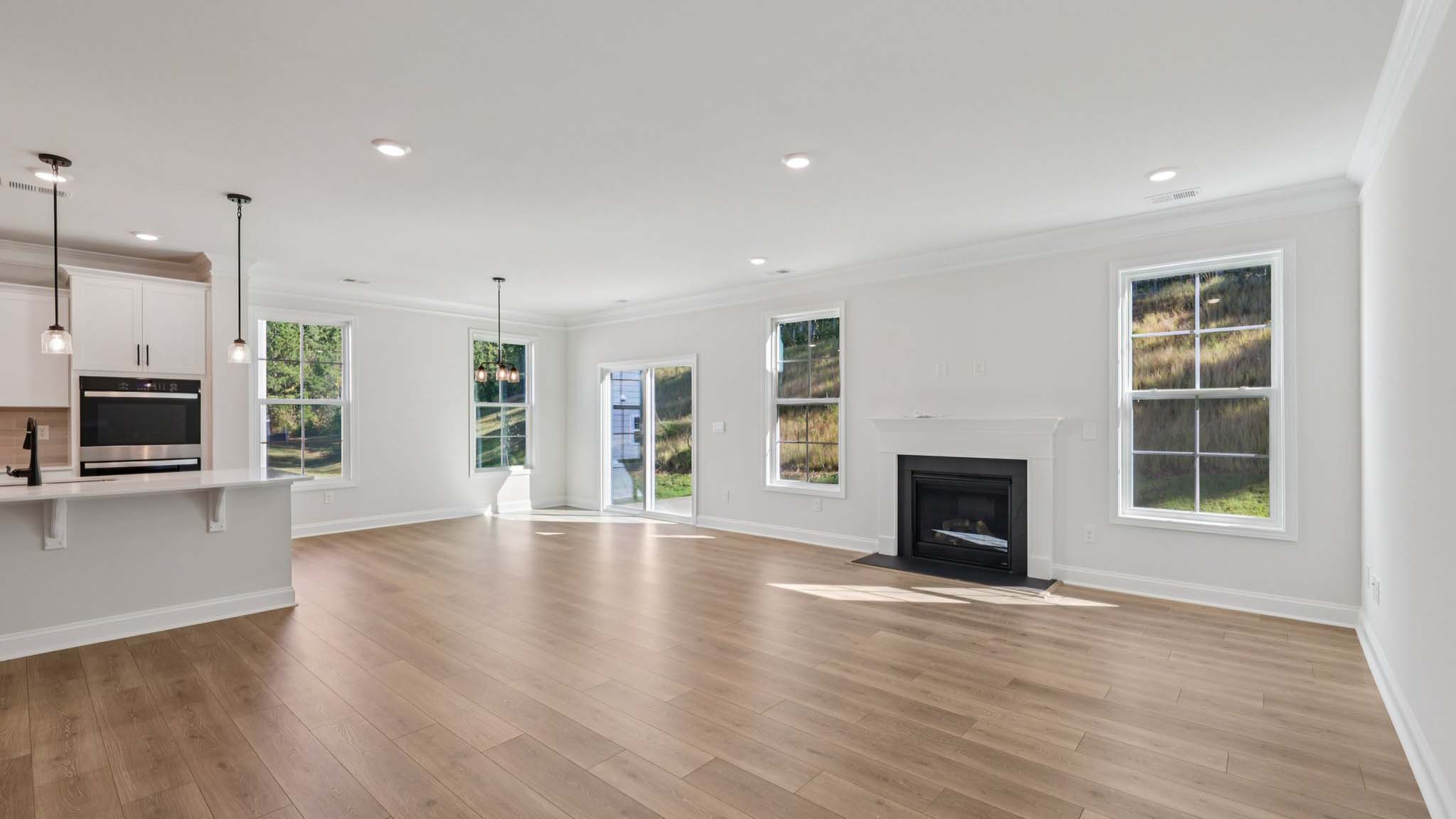 Open family room with large windows