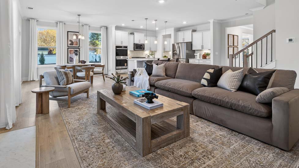 Open family room with large windows