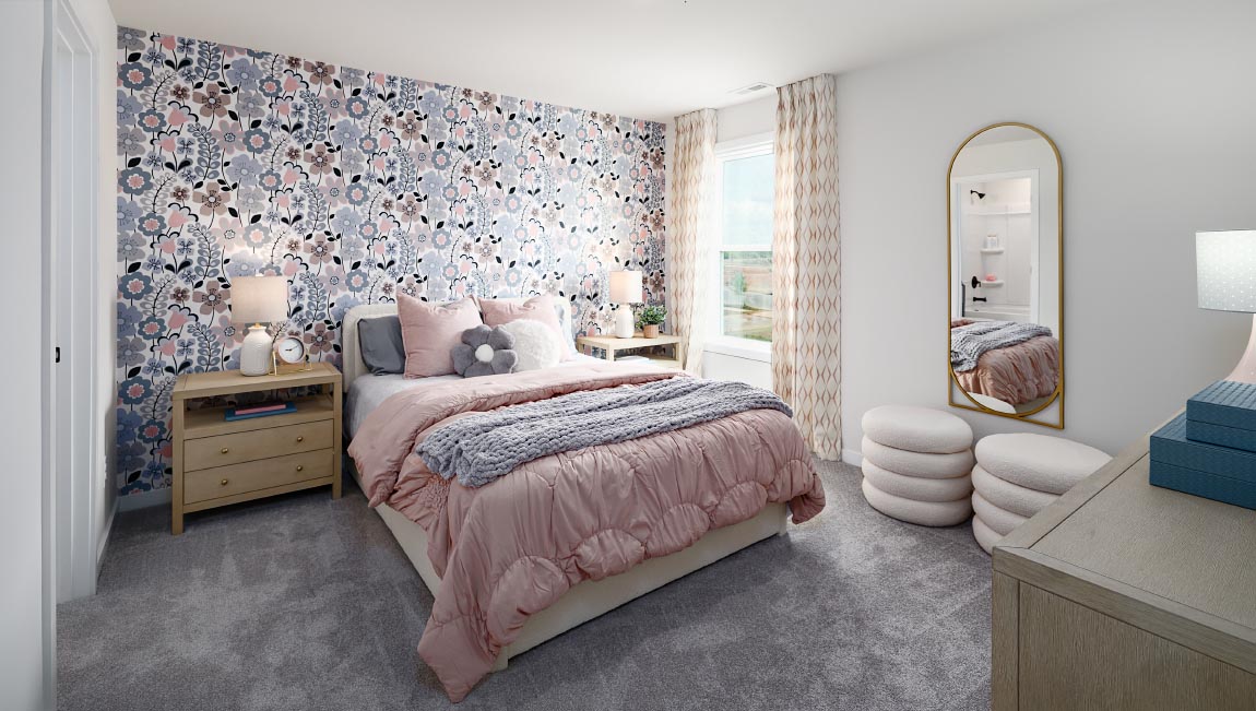 Carpeted bedroom with windows