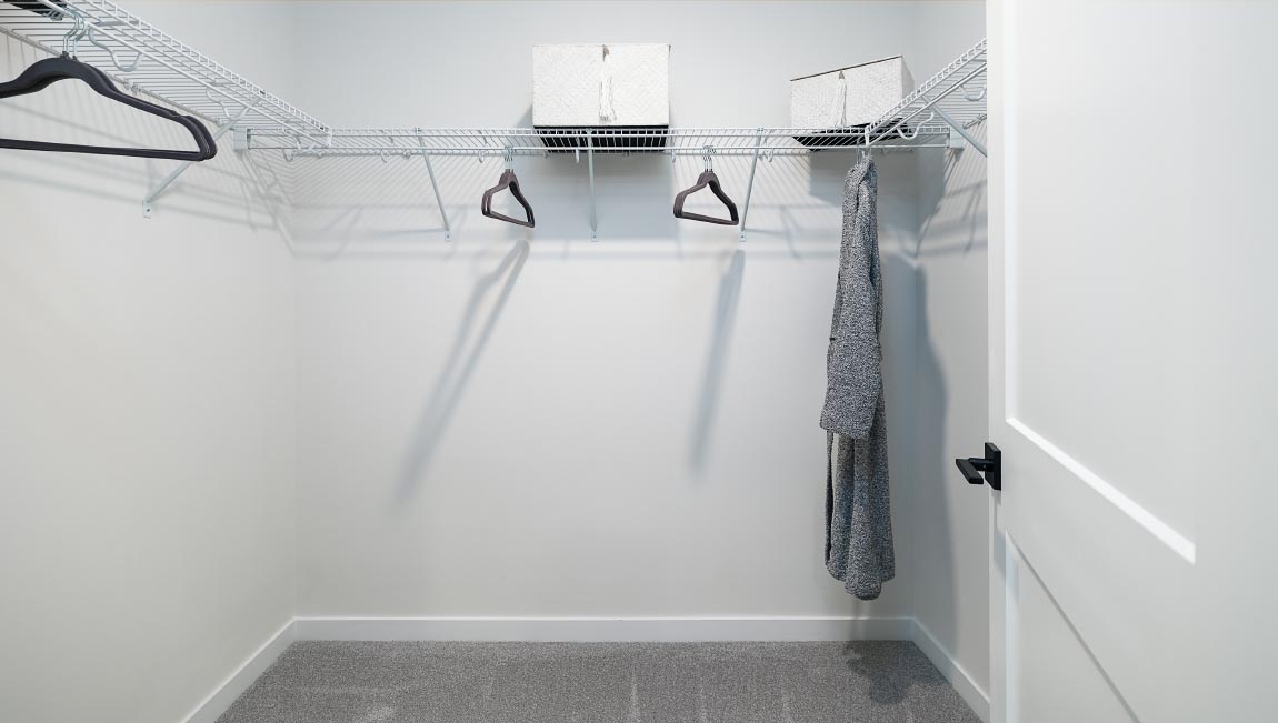 Carpeted walk in closet with built in hanger racks