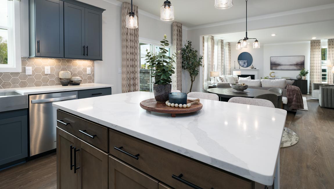 Kitchen and island with wood floors, white cabinets, quartz counters, and stainless steel appliances