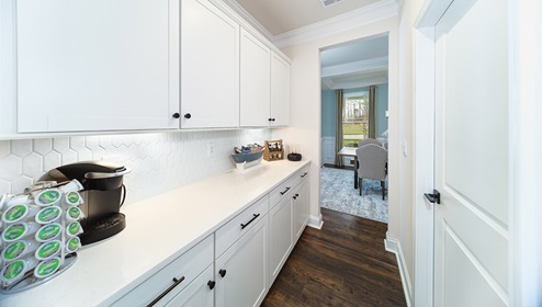 Butler's pantry with white cabinets and counters