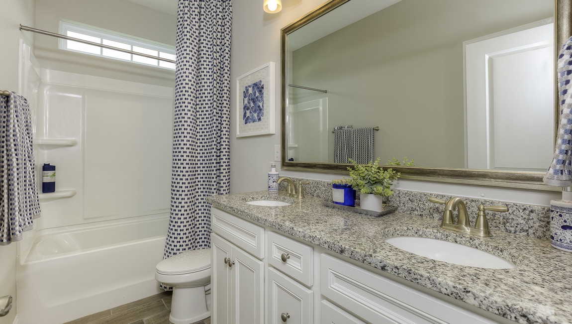 Bathroom with double sink vanity and bathtub shower combination
