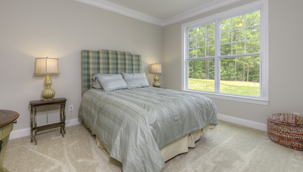 carpeted bedroom with large window