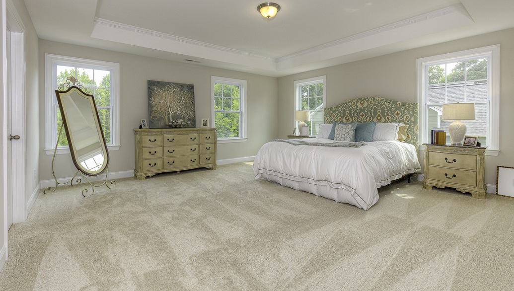 Primary bedroom with carpet, and four large windows