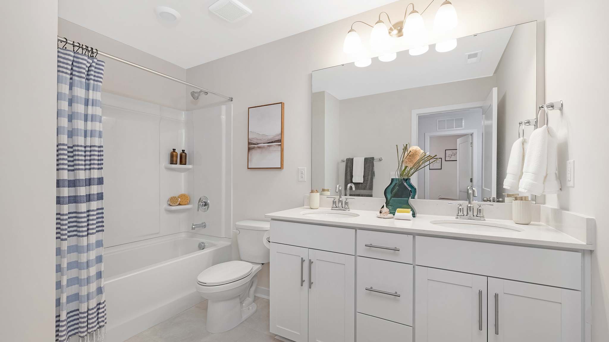 Bathroom with double sink vanity and bathtub shower combination