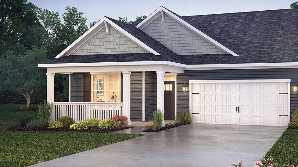 Birch front exterior with stone, brown and white siding, and two car garage