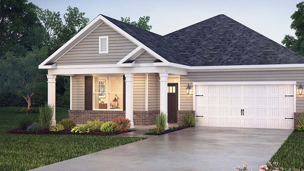 Birch front exterior with stone, brown and white siding, and two car garage