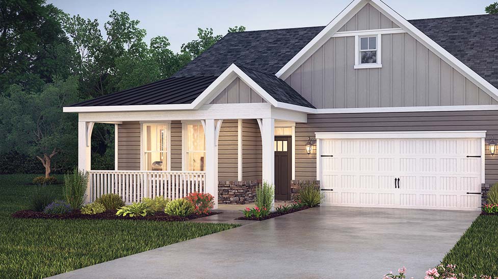 Birch front exterior with stone, brown and white siding, and two car garage