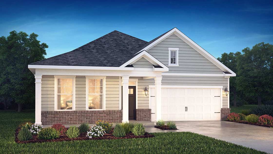 Cedar front exterior with grey siding, stone and garage