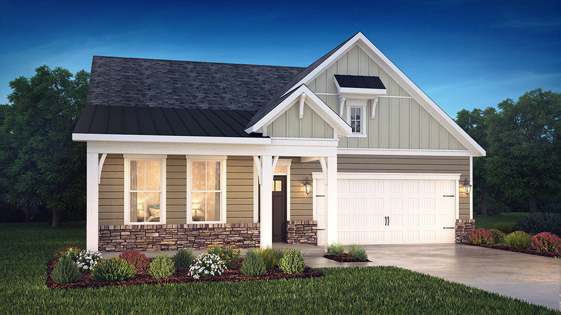 Cedar front exterior with grey siding, stone and garage
