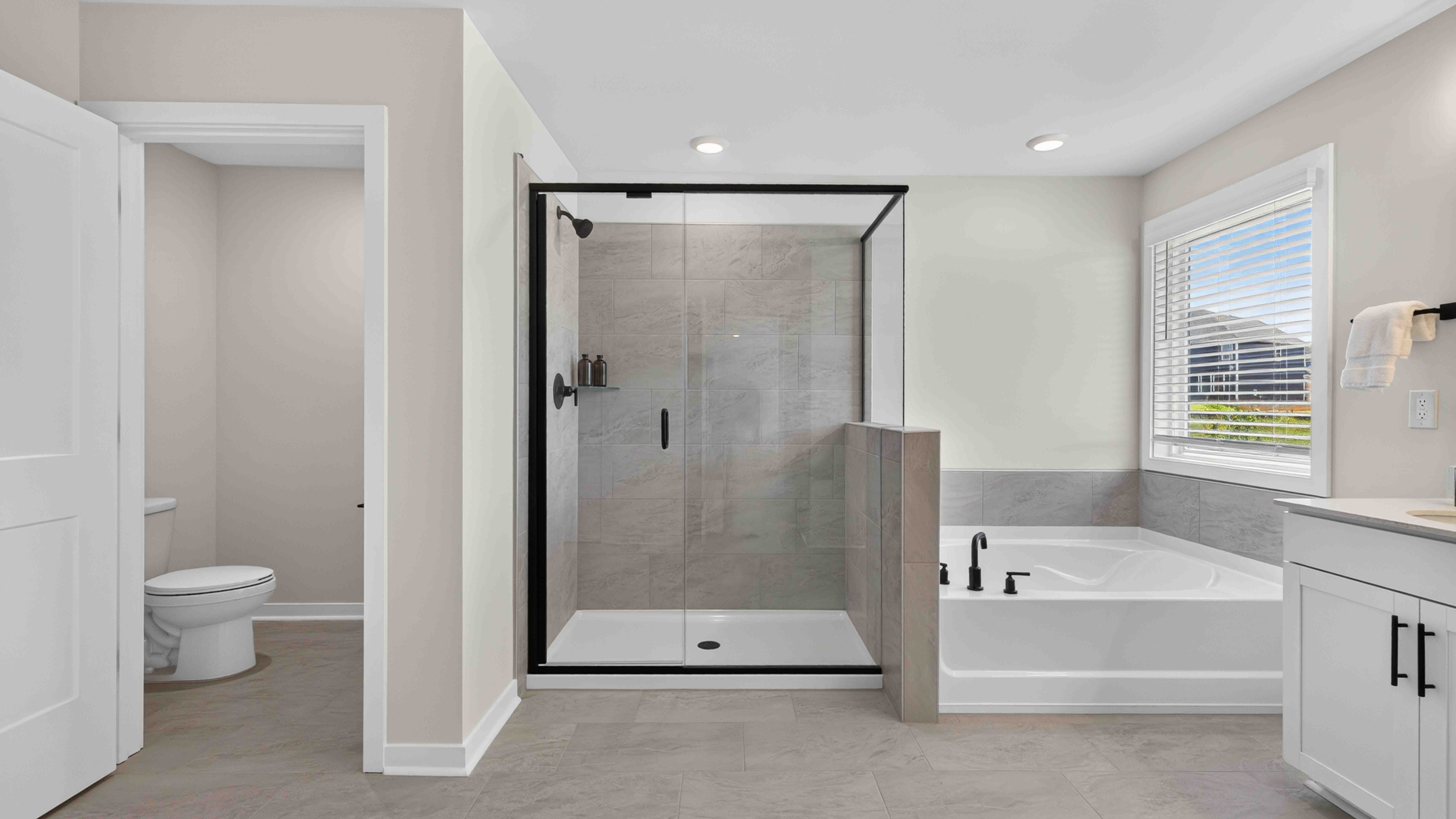 Primary bathroom with standing glass shower and double sinks