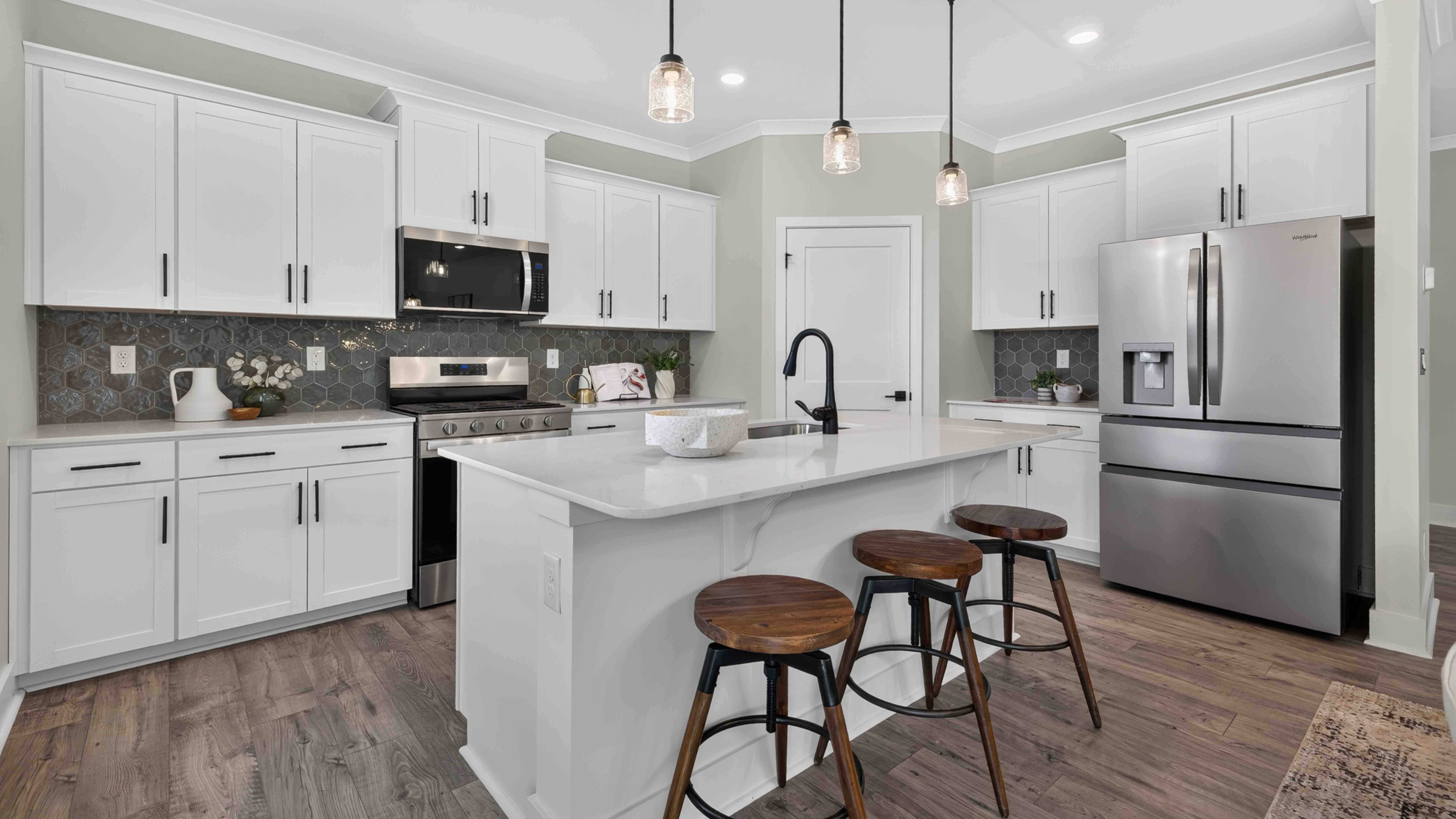 Kitchen and island with windows