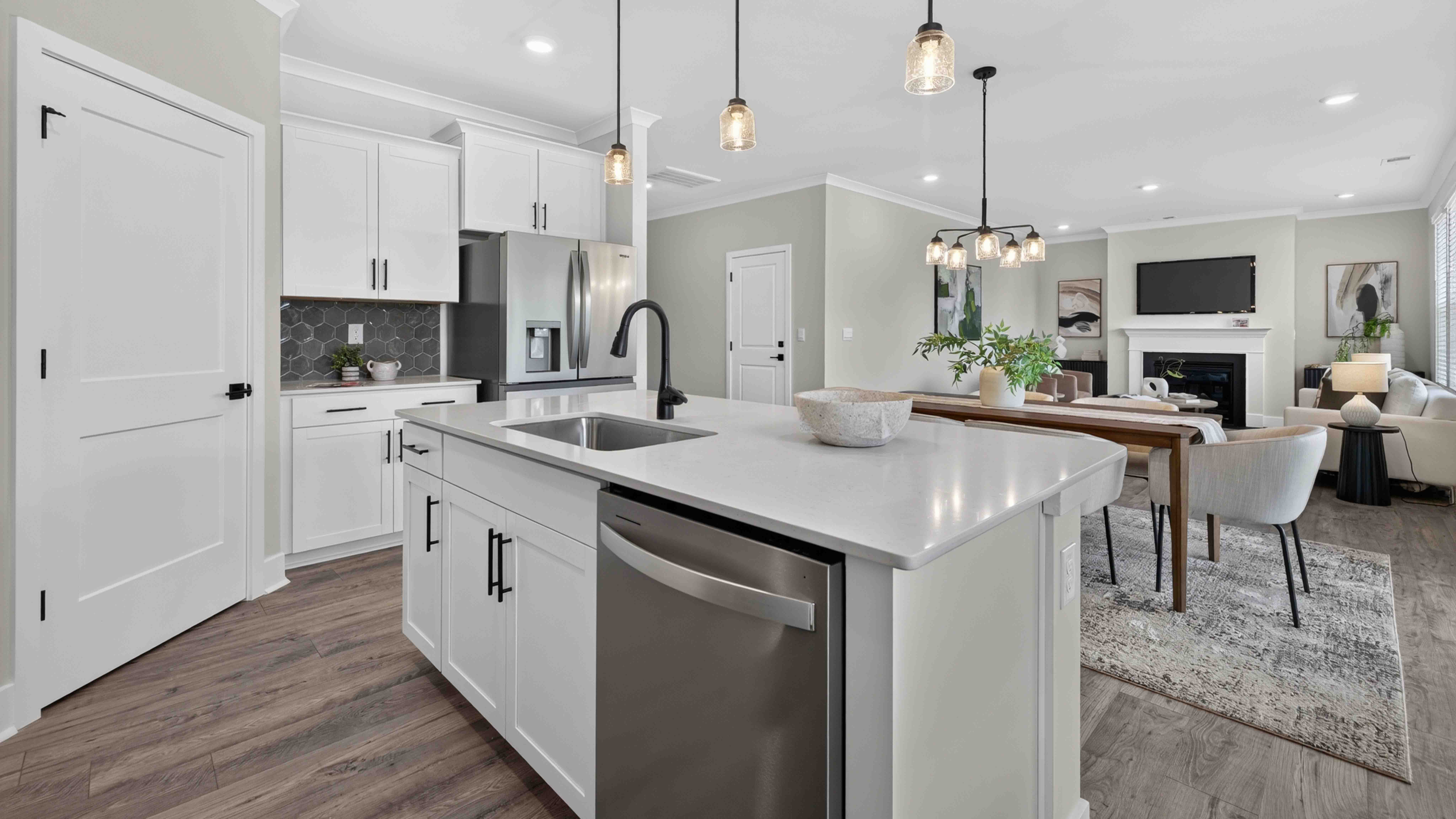 Kitchen and island with windows