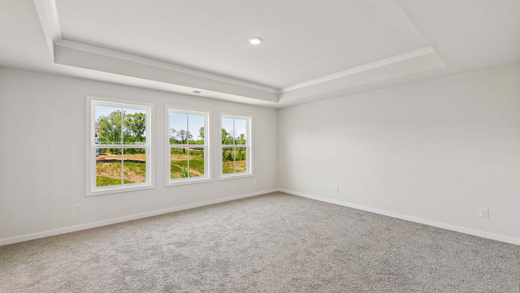 Primary carpeted bedroom with windows