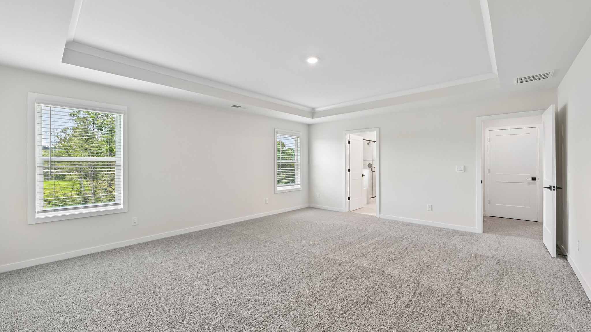 Primary carpeted bedroom with windows