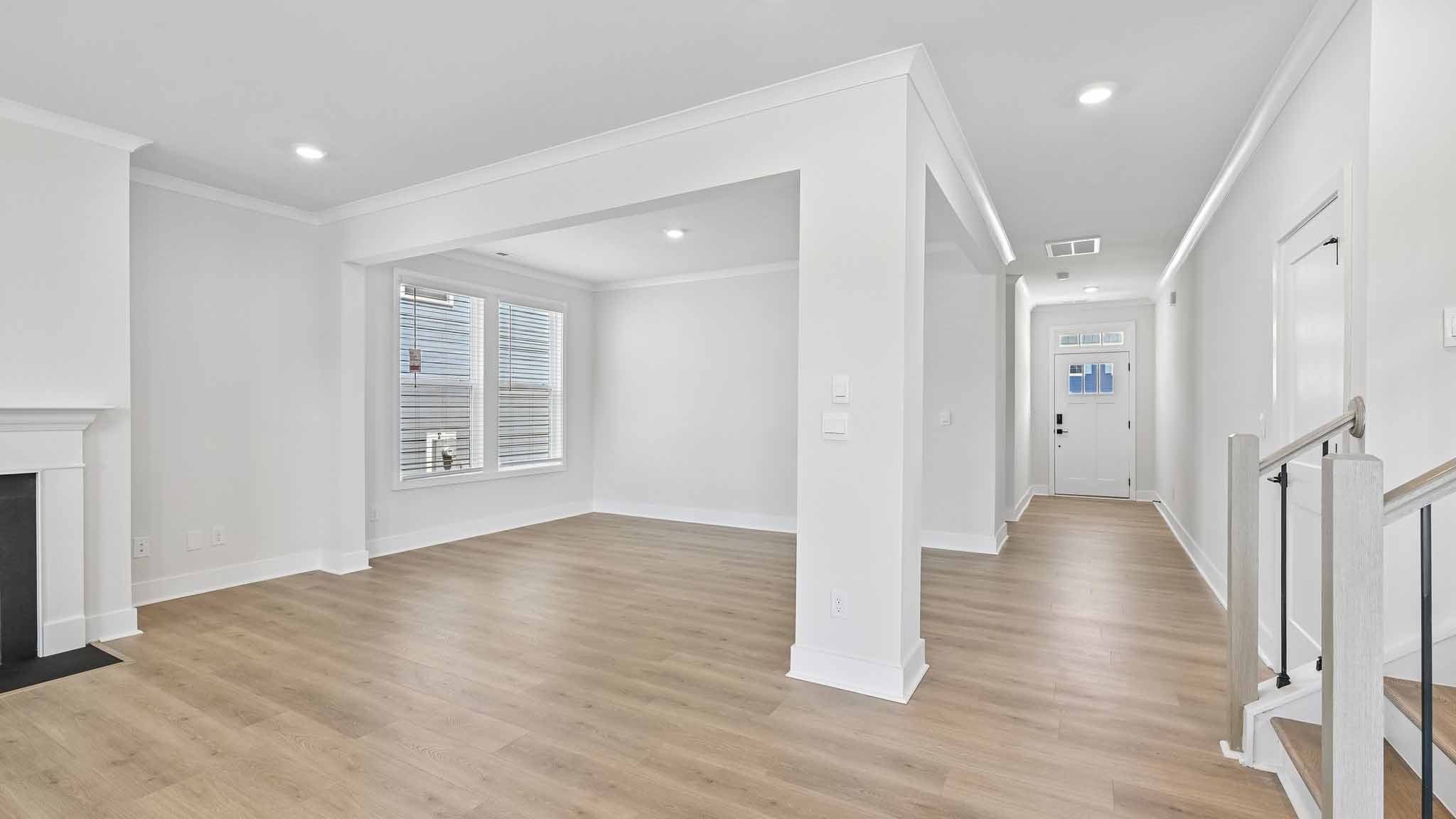 Living room with windows and fireplace