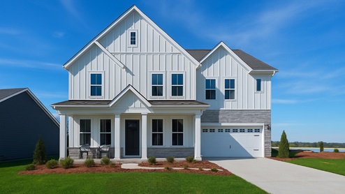 Exterior two-story white home with stone detailing