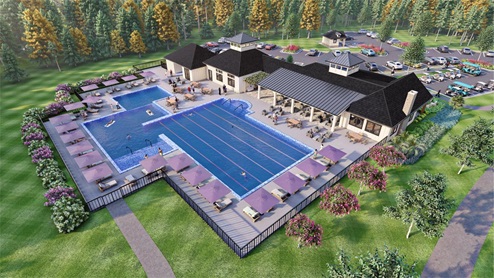 Westport Amenity rendering, photo of pool and clubhouse