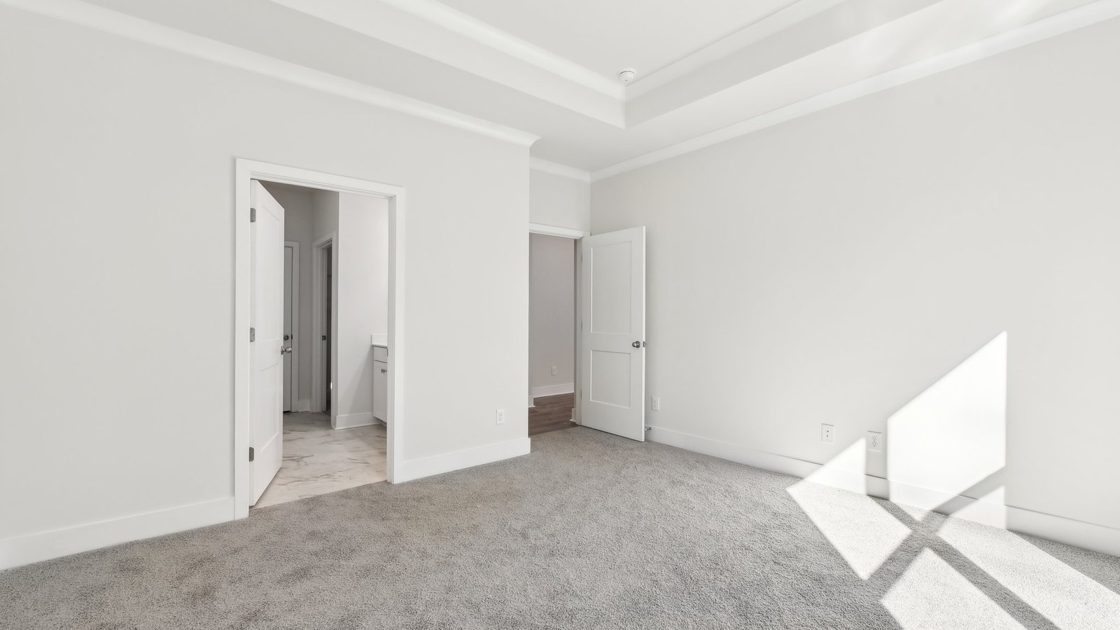 Primary bedroom with beige carpet and large window