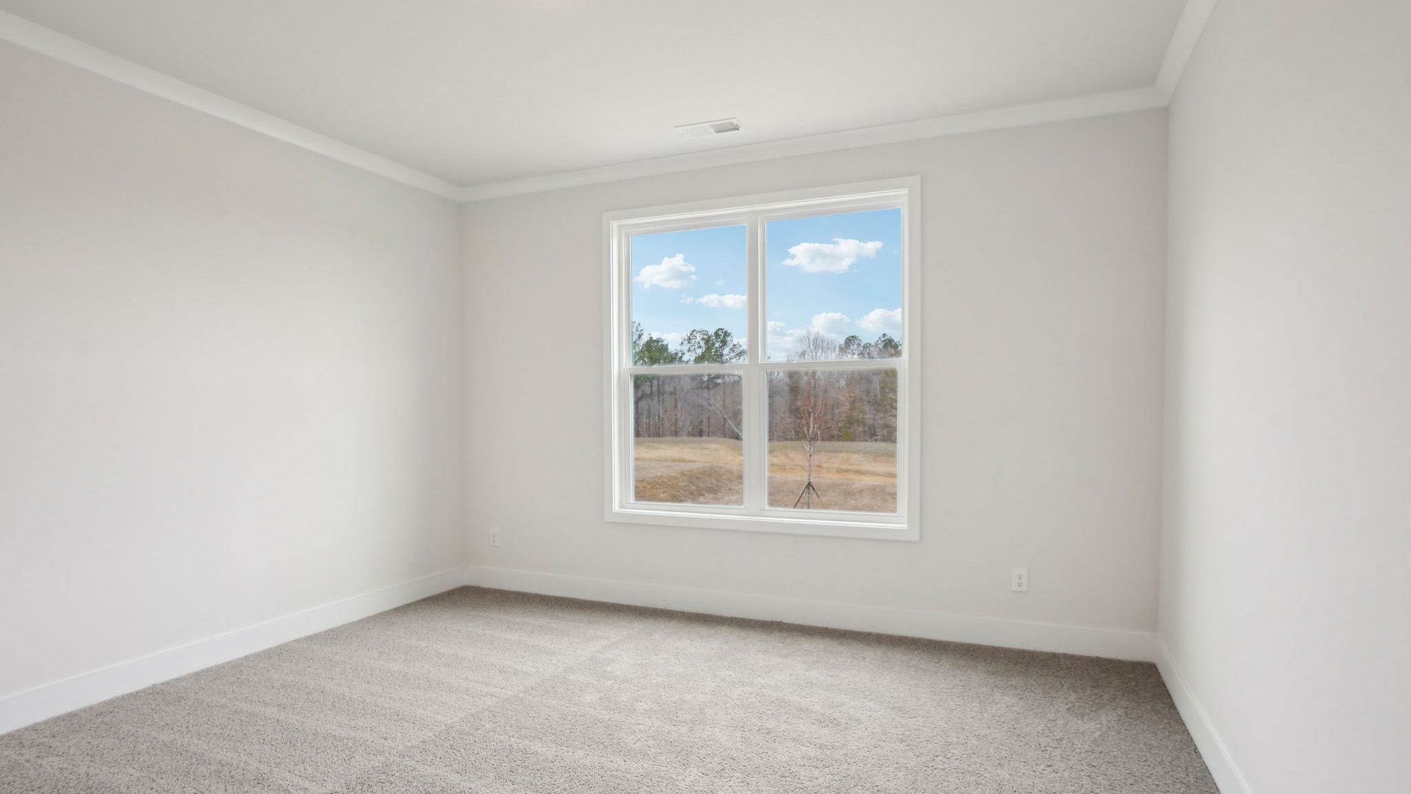 Carpeted bedroom with large window