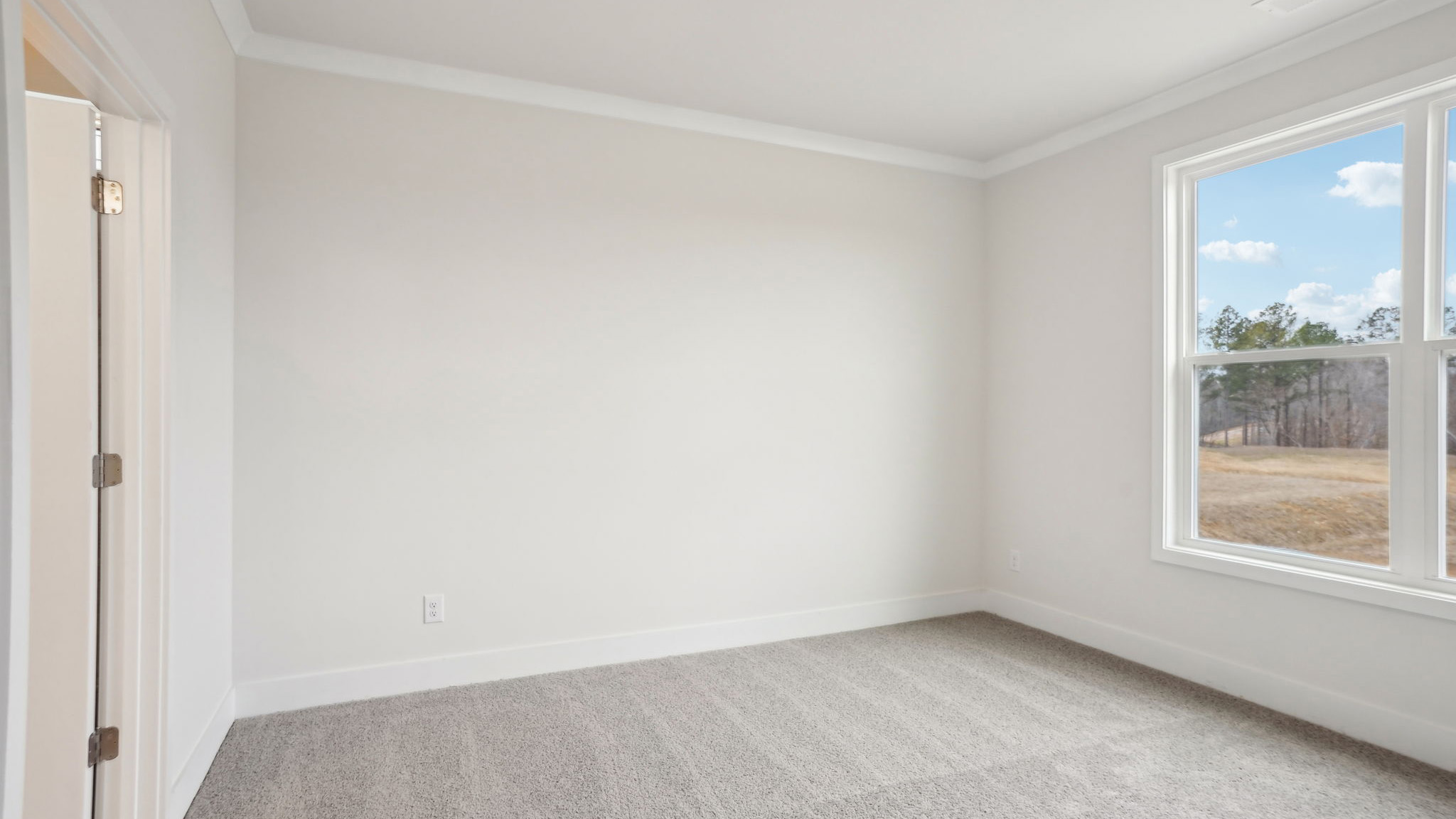 Carpeted bedroom with large window
