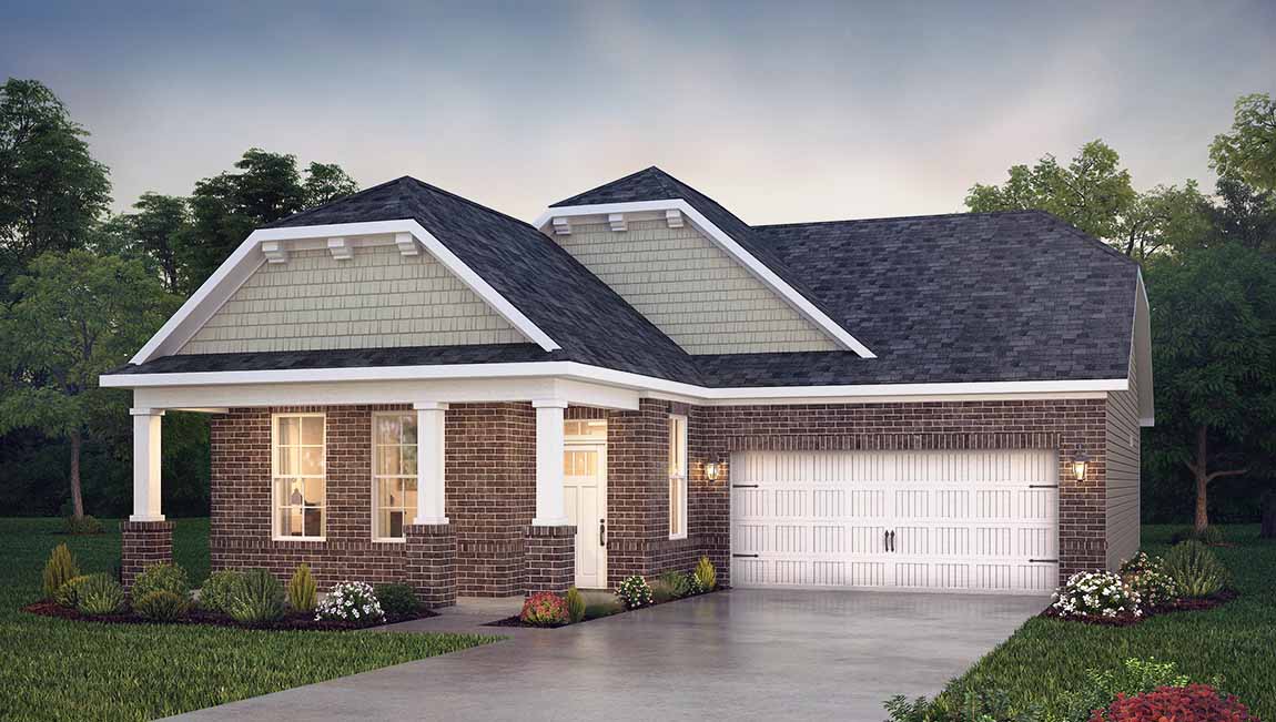 Aspen front exterior with siding, brick, and garage