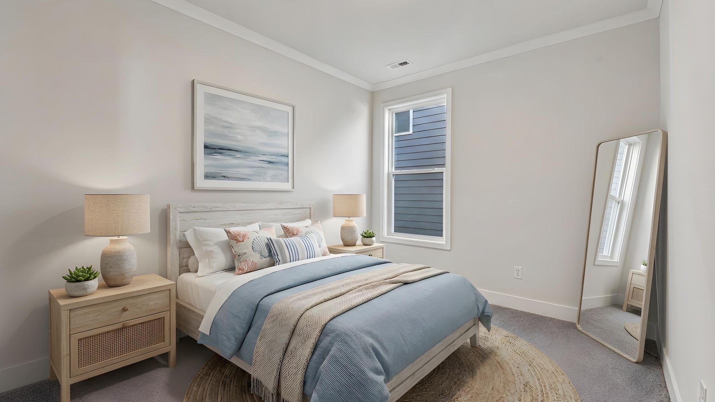 Carpeted bedroom with large window