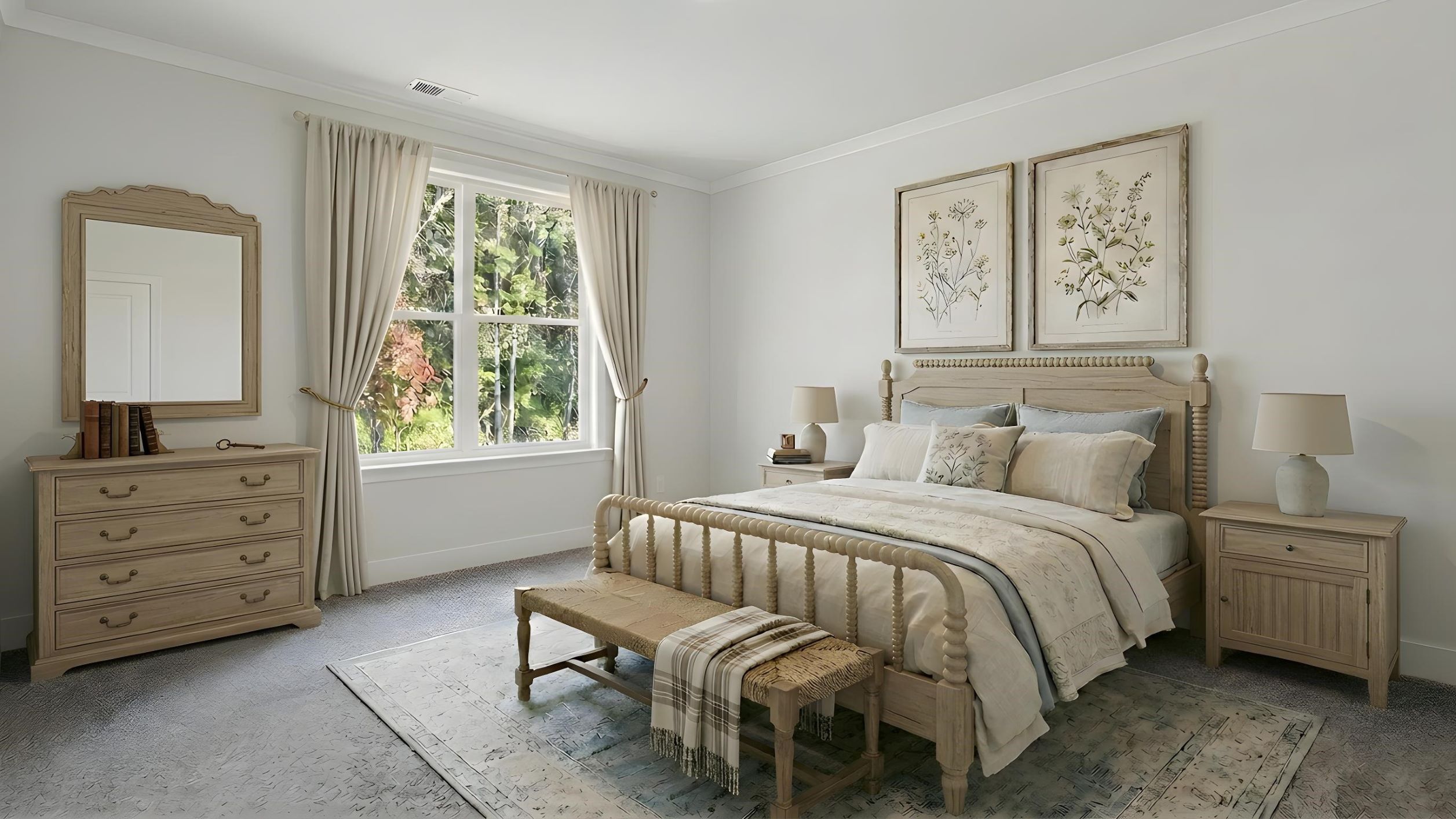 Primary carpeted bedroom with large windows