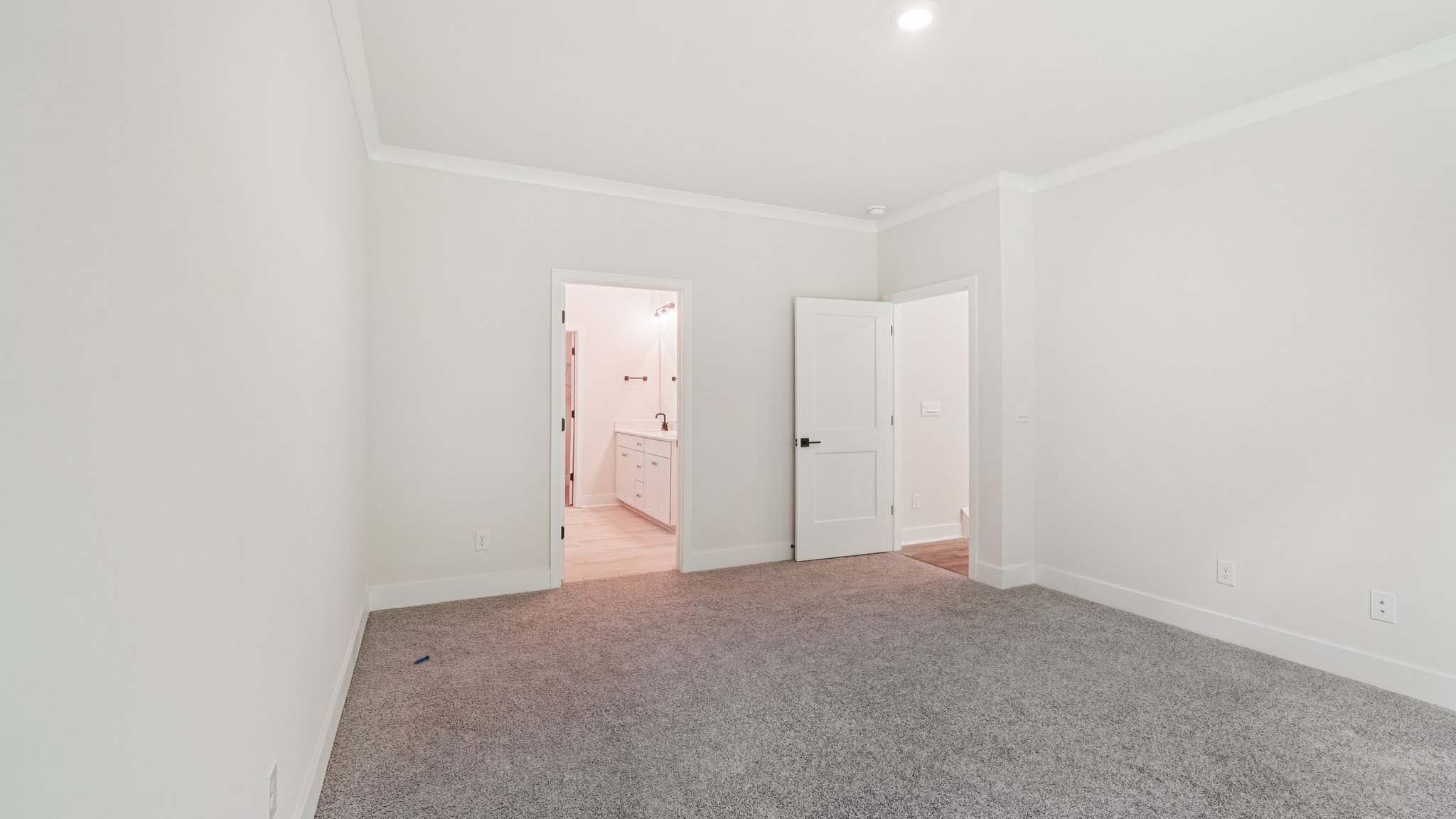 Primary carpeted bedroom with large windows