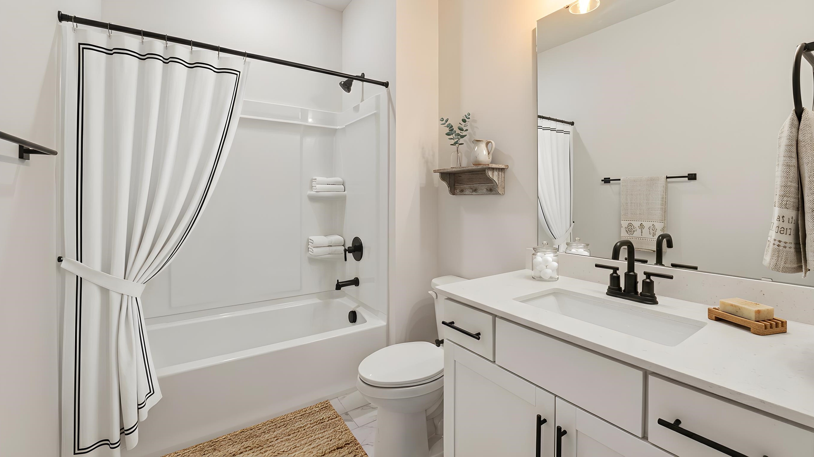 bathroom with double sinks and shower tub combination