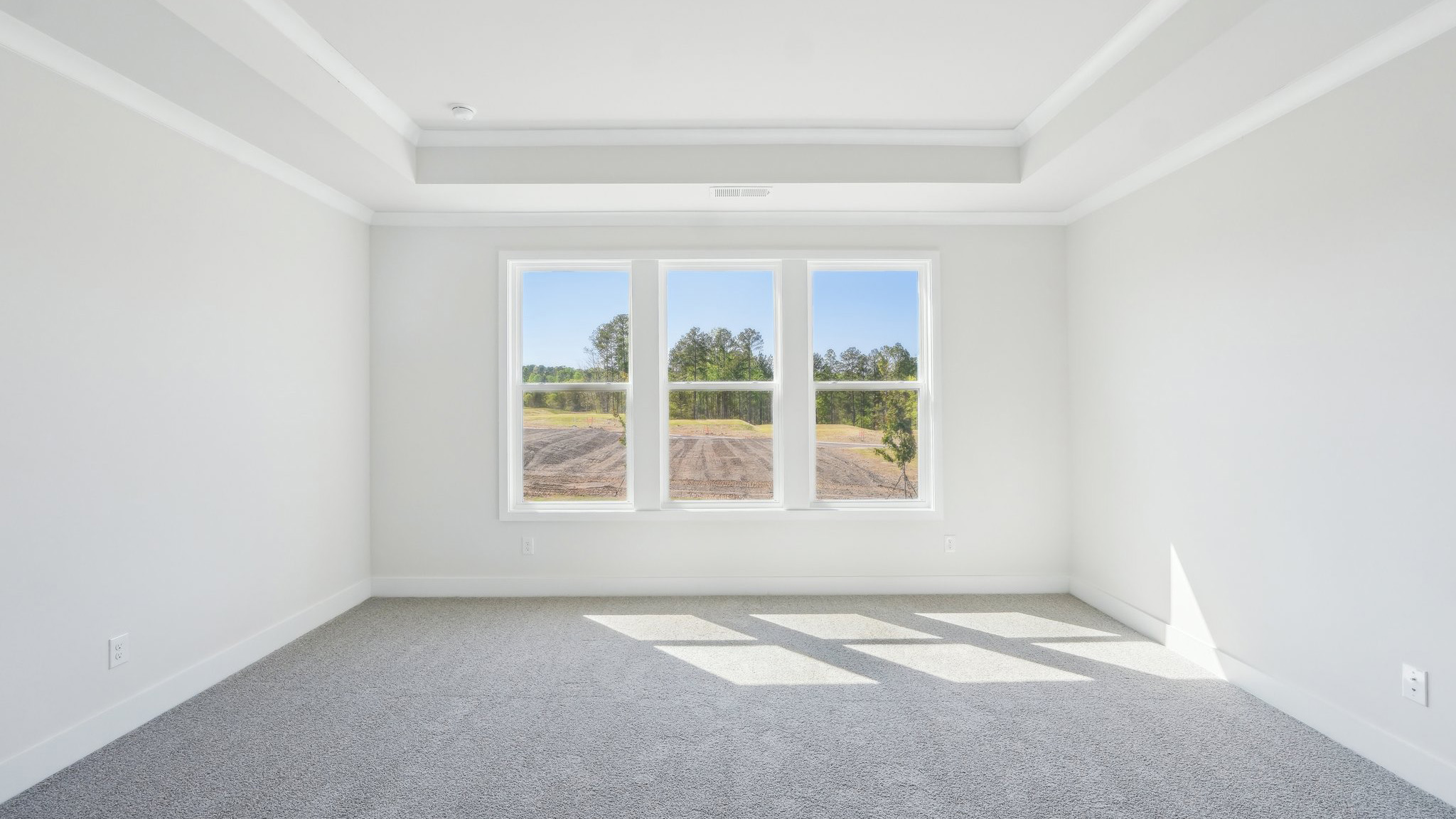 Carpeted primary room with large windows