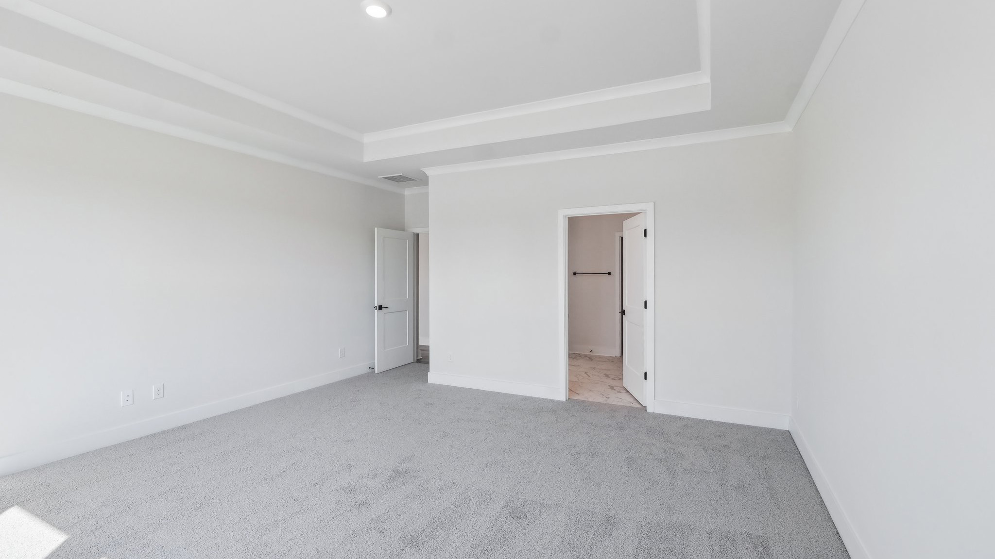 Carpeted primary room with large windows