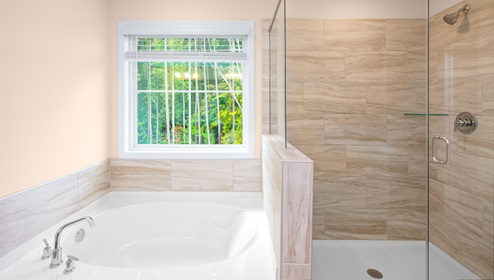 Bathroom with large bathtub and standing glass shower