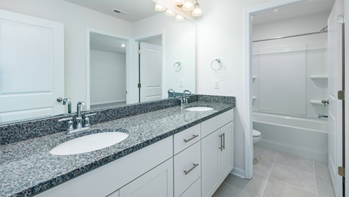 Bathroom with double sinks, white cabinets, separate door for toilet and bathtub