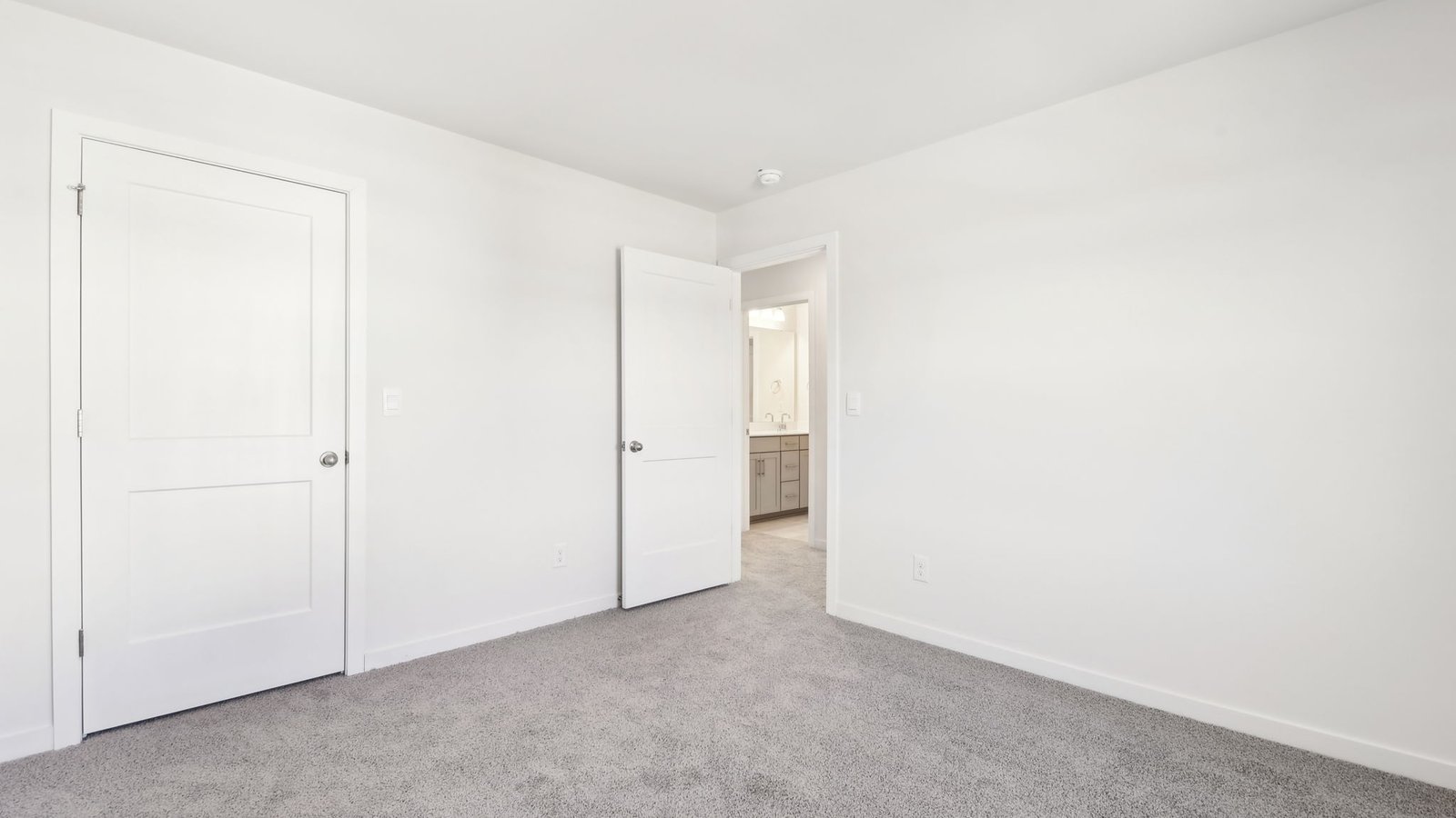 carpeted bedroom with two large windows